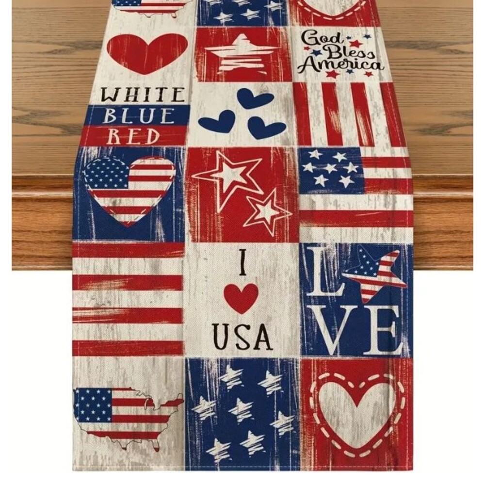 Table runner 13x72in American Flag I love USA Patriotic Linen God Bless America